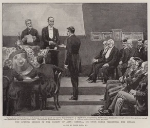 Die Eröffnungssitzung der Gesellschaft der Künste, General Sir Owen Burne überreicht die Medaillen